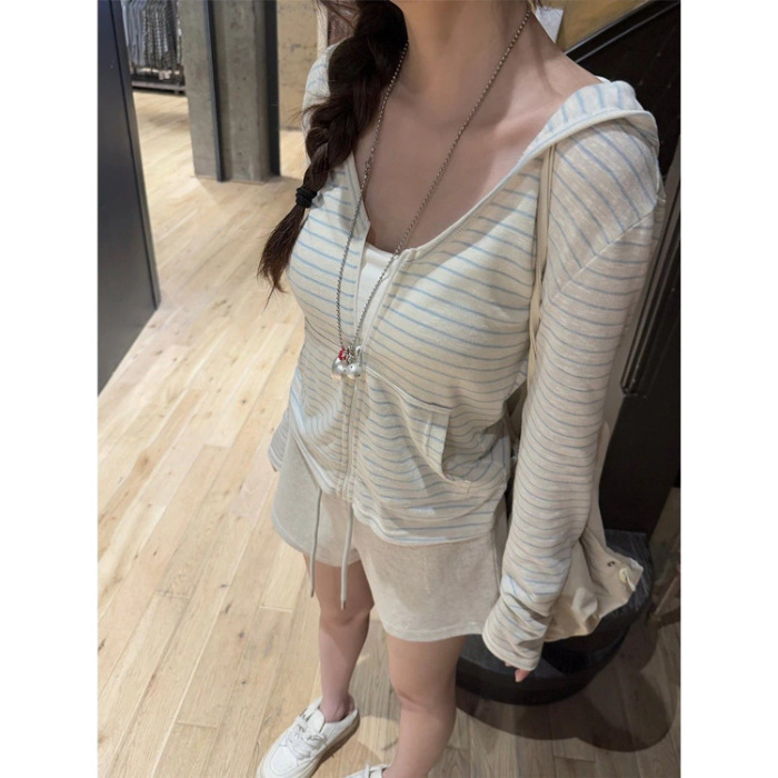 【原版面料】条纹拉链长袖连帽开衫外套女夏季短款防晒罩衫灰色|undefined