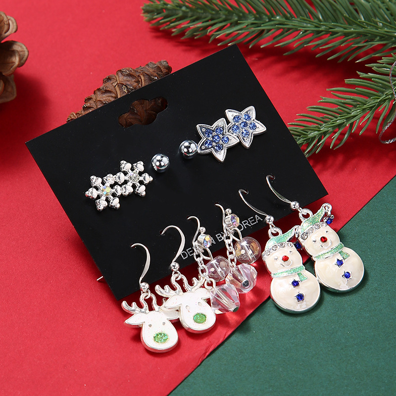 Cute Snowman Snowflake Alloy Enamel Plating Inlay Rhinestones Ear Studs Ear Hook 1 Set display picture 2