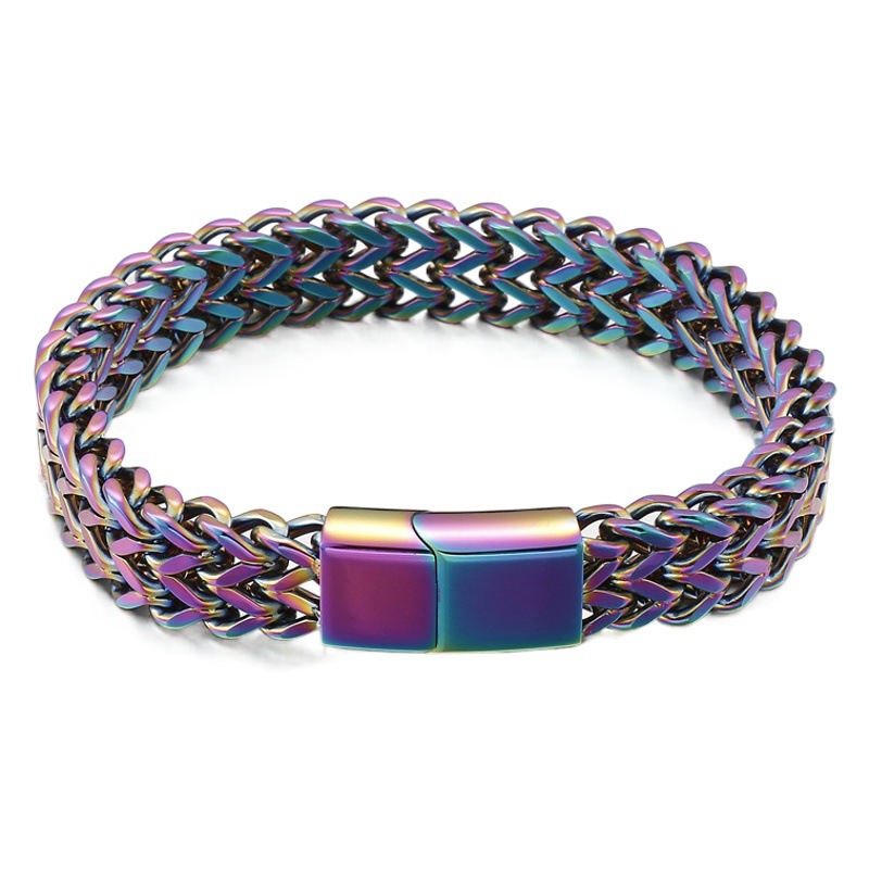 Rueda de tarjeta nuevo estilo joyería de mano europea y americana personalidad simple tejida doble fila quilla positiva y negativa hebilla plana pulsera de acero de titanio para hombre