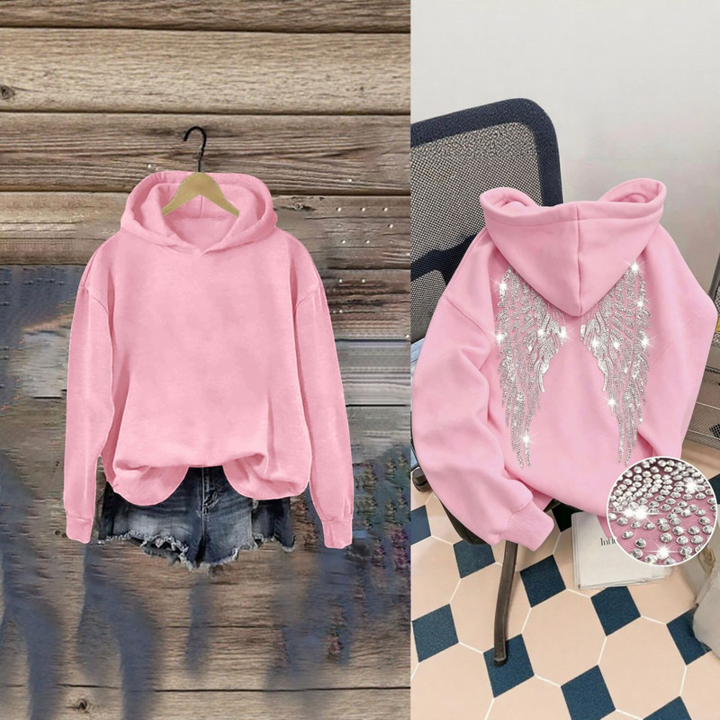 Cross-border rhinestone hoodie with wings, women's autumn and winter loose-fitting angel wings pullover hoodie with rhinestones