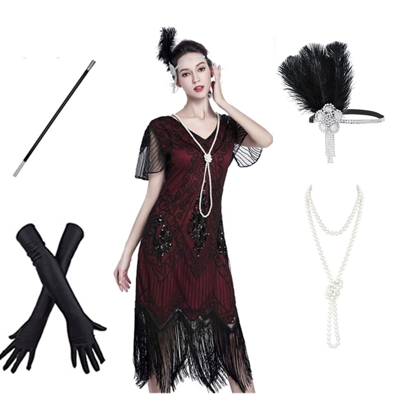 Cross Border 1920s Vintage Gatsby Beaded Fringe Dress Sequin Cocktail Party Evening Dress Set