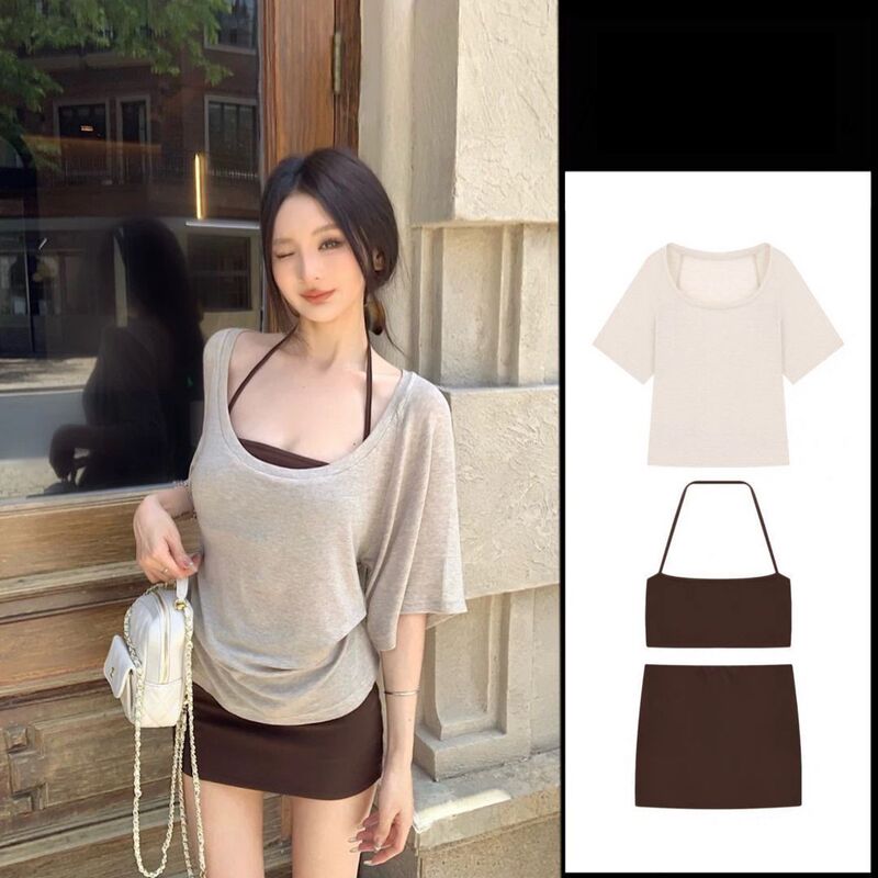 Korean Style Pure Desire Halterneck Suspender Layered Loose T-Shirt Casual Skirt Women's 2025 Summer New Fashion Suit