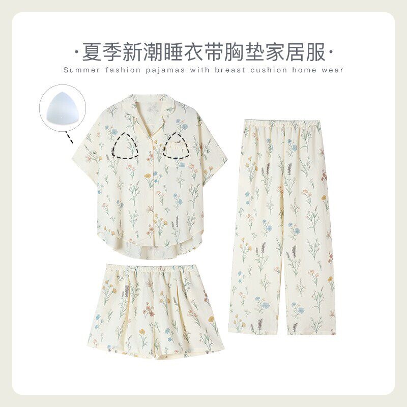 Li Yin's Niche Designer's New Bubble Cotton Women's Pajamas, Summer Short-Sleeved, Suitable for Going Out, Home Wear Three-Piece Set Li Yin's Niche Designer's New Bubble Cotton Women's Pajamas, Summer Short-Sleeved, Suitable for Going Out, Home Wear Three-Piece Set