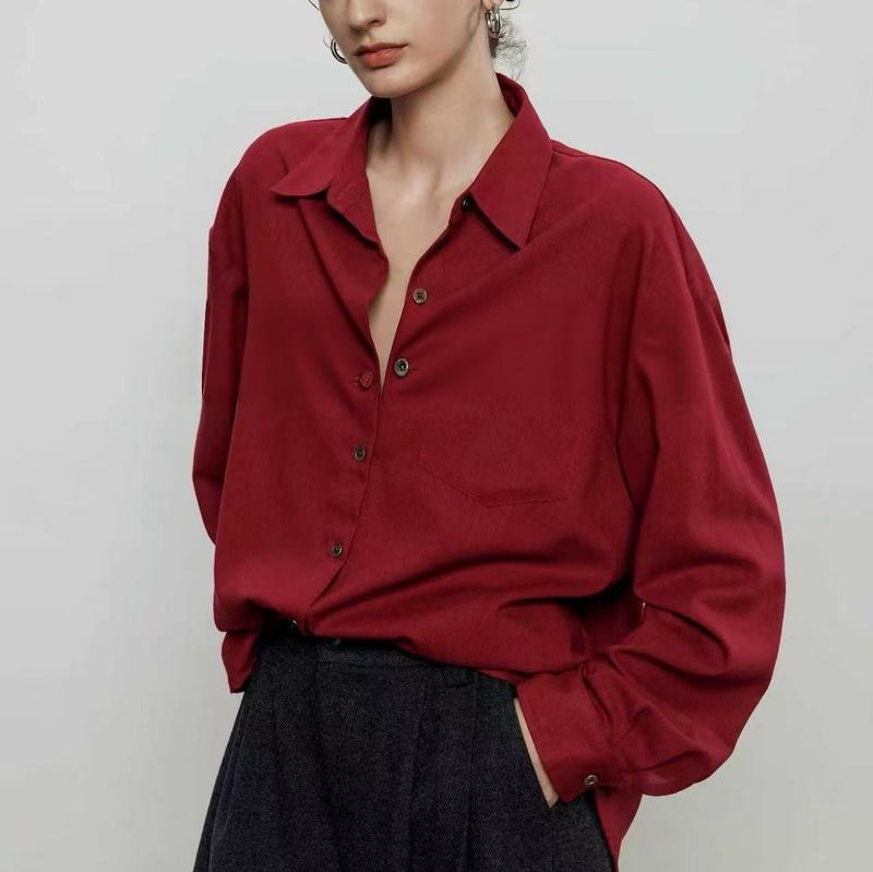 CHIC JRE High-end Red Shirt for Women, 2026 Autumn New Style, Elegant Retro Layered Long-sleeve Work Shirt