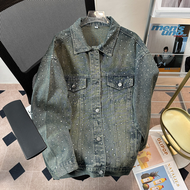 Cross-border Hot Rhinestone Denim Jacket Men's Spring and Autumn New High-end Retro Old-style Loose Lapel All-match Couple's Jacket