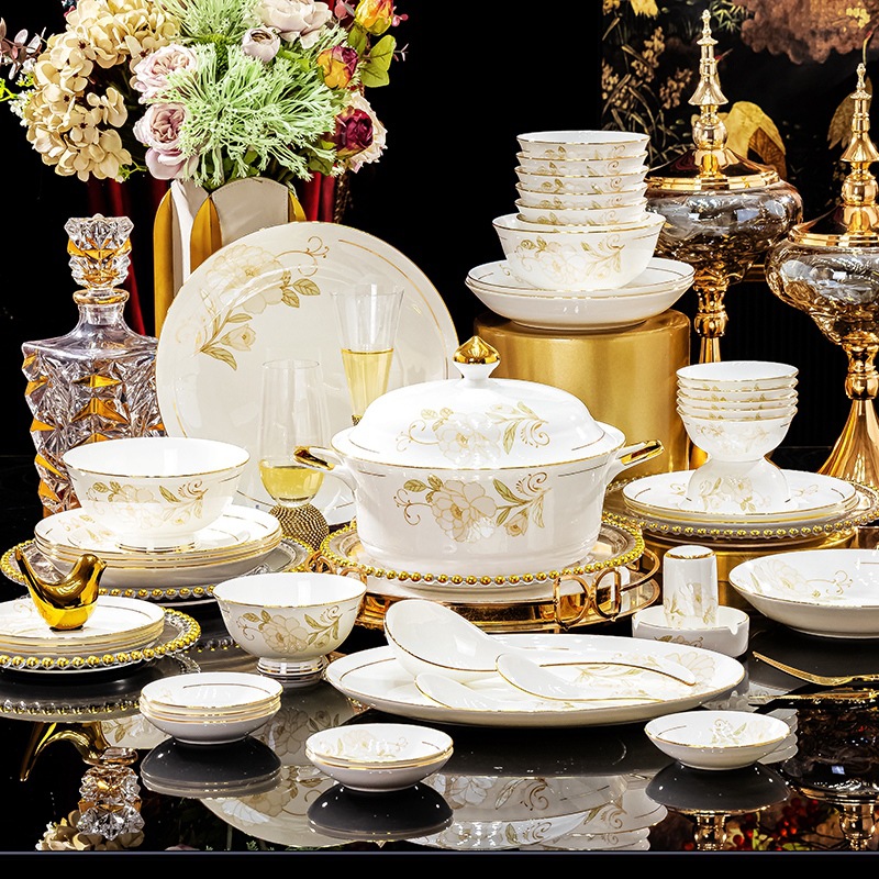 Vajilla de porcelana de hueso Jingdezhen Juego de vajilla de fénix de lujo ligero Regalos para el hogar Platos de cerámica Combinación de platos Tazón de sopa de fideos