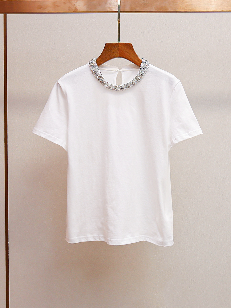 Shenzhen Nanyou High-End Women's Fashion Autumn New French-Style Heavy-Duty Rhinestone-Embellished Versatile Pure Cotton Regular Shoulder Short-Sleeve T-Shirt Top