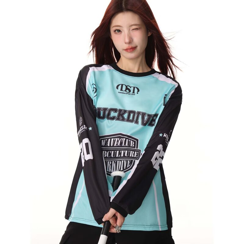 Cross-border Explosions American-style Retro Color-matching Jersey Street Printed Loose Long-sleeved T-shirt Women's Mesh Dancing Top