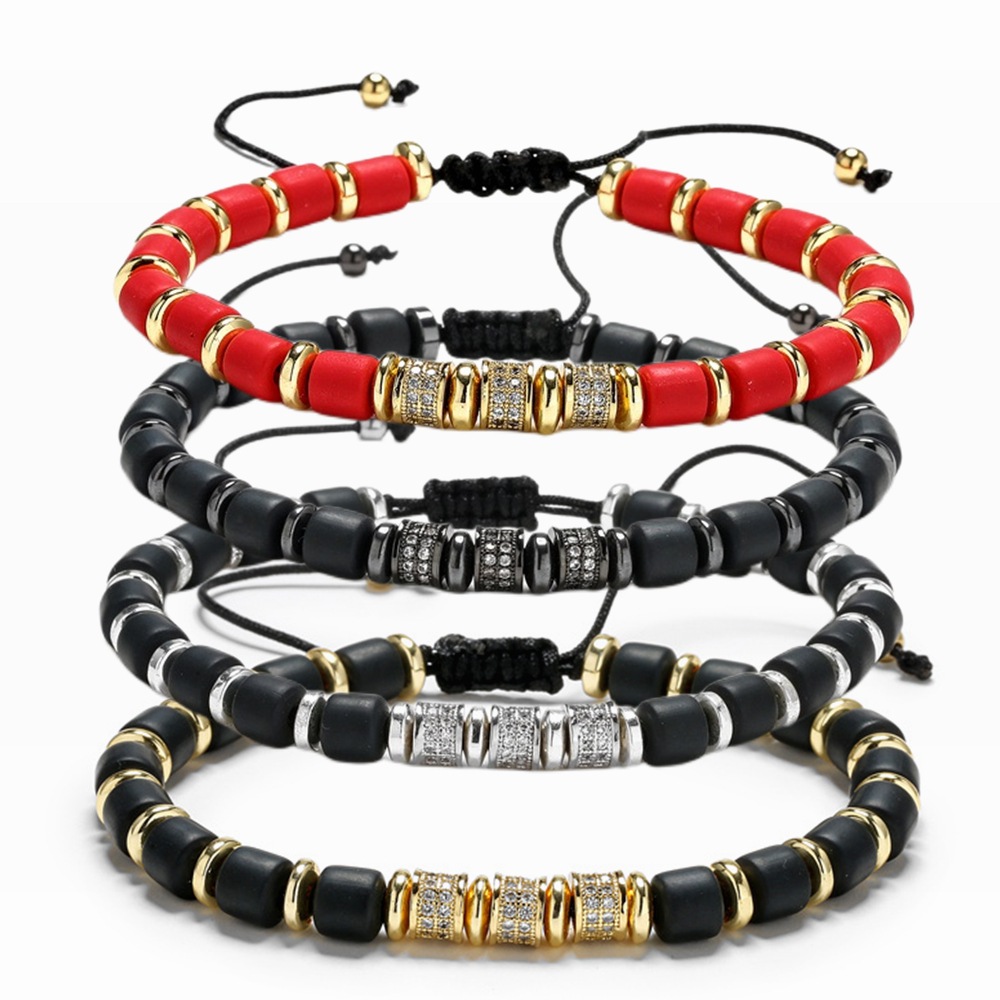 Pulsera tejida con cuentas en forma de columna de yuanes de piedra negra transfronteriza negra europea y americana para hombres y mujeres joyas de cobre con micro incrustaciones de mano redonda de tres cortes