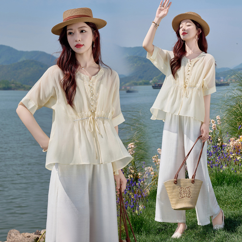 Bộ đồ mùa hè nữ Tencel cao cấp áo hai dây quần ống rộng ba món SY2697 — Bộ màu như hình