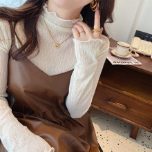 蕾丝打底衫女2025秋季新款薄款网纱内搭白色半高领木耳边上衣纱衣