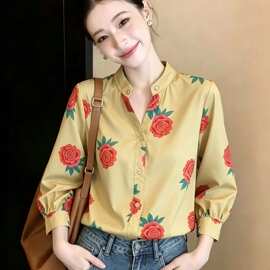 实拍有货2026夏季新款印花衬衫感设计感上衣七分袖小衫图片色