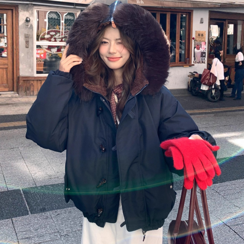 羽绒棉服女工装派克服毛领连帽牛角扣外套冬季2025宽松加厚保暖|undefined