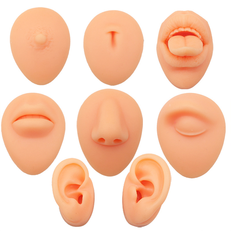 Simulación de cinco rasgos faciales, práctica de puntos de acupuntura del oído perforados, accesorios de enseñanza, clavos de lengua, clavos de nariz, pantalla de ombligo de boca, molde de silicona
