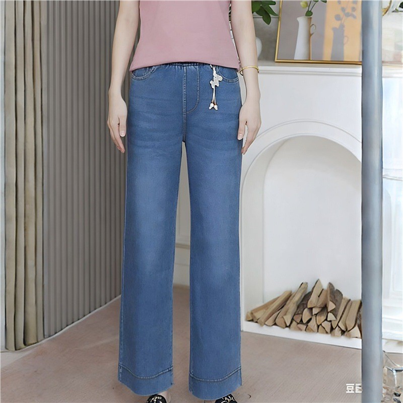 Summer ultra-thin straight-leg pants for moms, slimming and versatile, high-waisted stretchy soft denim pants, casual narrow wide-leg pants