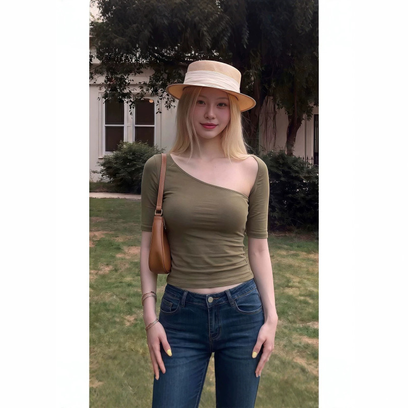 Designed Asymmetrical Shoulder Short-Sleeve T-Shirt for Women, Summer Slim Fit, Unique Style, Pure and Slightly Revealing Top