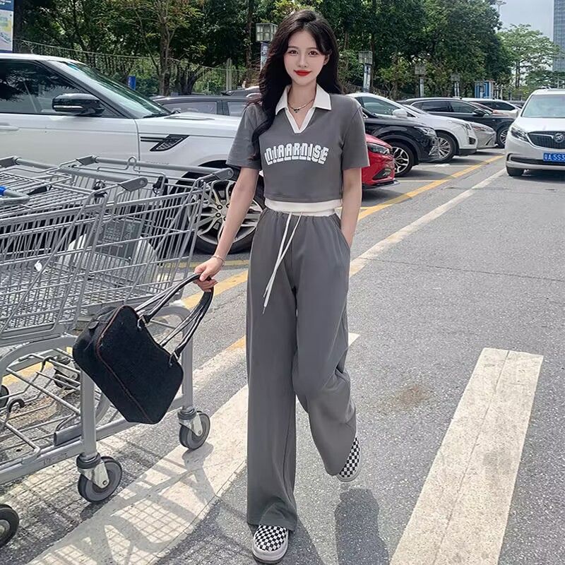 Summer Trendy Casual Fashion Sports Suit Short Slimming Polo Shirt Short-Sleeve Wide-Leg Pants Women's Two-Piece Set