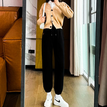 运动裤女新款冬款大码束脚显瘦冬季加绒小个子休闲九分黑色卫裤31