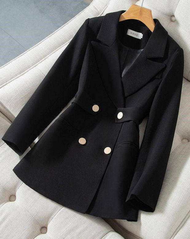 Áo blazer nữ dáng eo dài vừa, tay dài, đệm vai, cổ vest, phong cách thanh lịch — Màu trắng nhạt, màu đen, trắng, Bông mùa đông màu trắng nhạt chi tiết 2