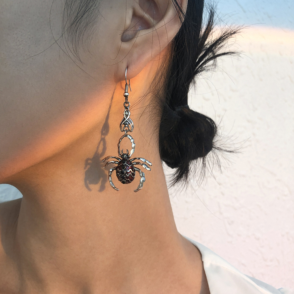 Fashion Ancient Silver Color Halloween Dripping Spider Earrings