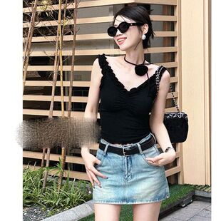 2025 New Style Thai Style Pure Wish V-neck Agaric Camisole Vest Women's Summer Sweet Sexy Slim Top
