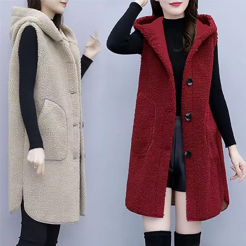 Lamb Wool 2023 Vest Autumn and Winter Fashion Mid-Length Coat Plus Size Thick Hooded Outerwear Trendy