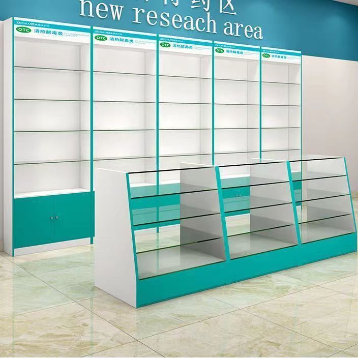 新款药店西药药房药品货架展示架诊所处方玻璃柜台柜药柜展示柜