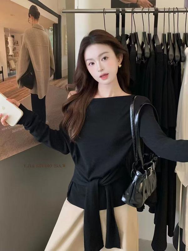秋季新款女装设计感一字领露肩针织衫气质长袖毛衣绑带打底衫上衣|undefined