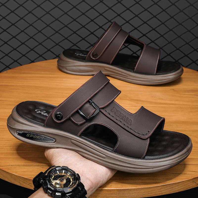Sandals Men's Summer Outer Wear Non-Slip Anti-Odor Dad Driving Genuine Leather Soft Sole Outdoor Sports Wading Beach Slippers