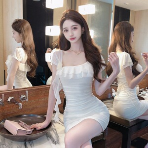 Sexy mesh short sleeved tassel bottom wrap buttocks dress
