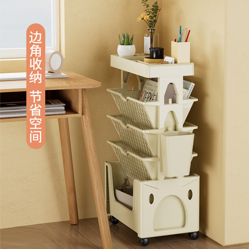Multi-layer floor-standing shelf with wheels for organizing books, student desk side storage, kitchen and study room 