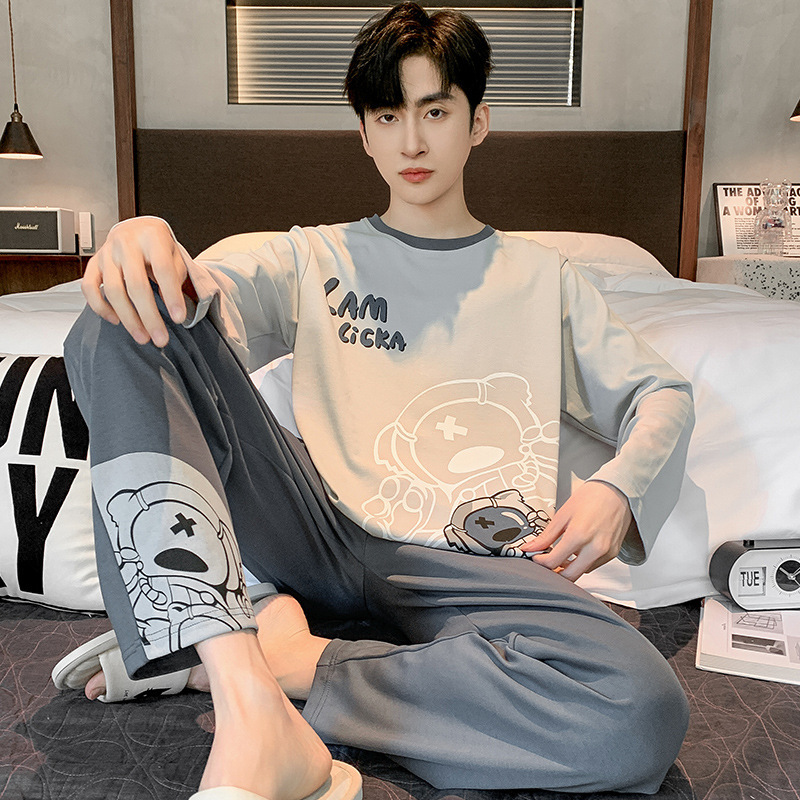 남성 잠옷 긴팔 순수 코튼 봄, 가을 얇은 가을, 겨울 대형 만화 청소년 학생 가정 의류 세트