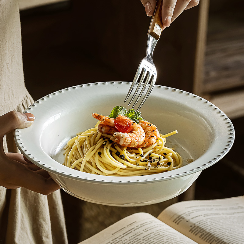 Cuenco de sombrero de paja de perlas en relieve de estilo retro Cuenco grande de cerámica para el hogar Cuenco de sopa Cuenco de ensalada Cuenco de pasta Plato de restaurante