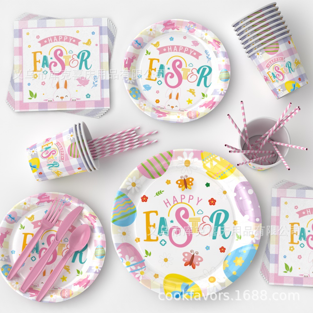 Nuevos productos de decoración de fiesta temática de huevo de conejito de Pascua, bandeja de papel desechable festivo, taza de papel, vajilla de toallas de papel