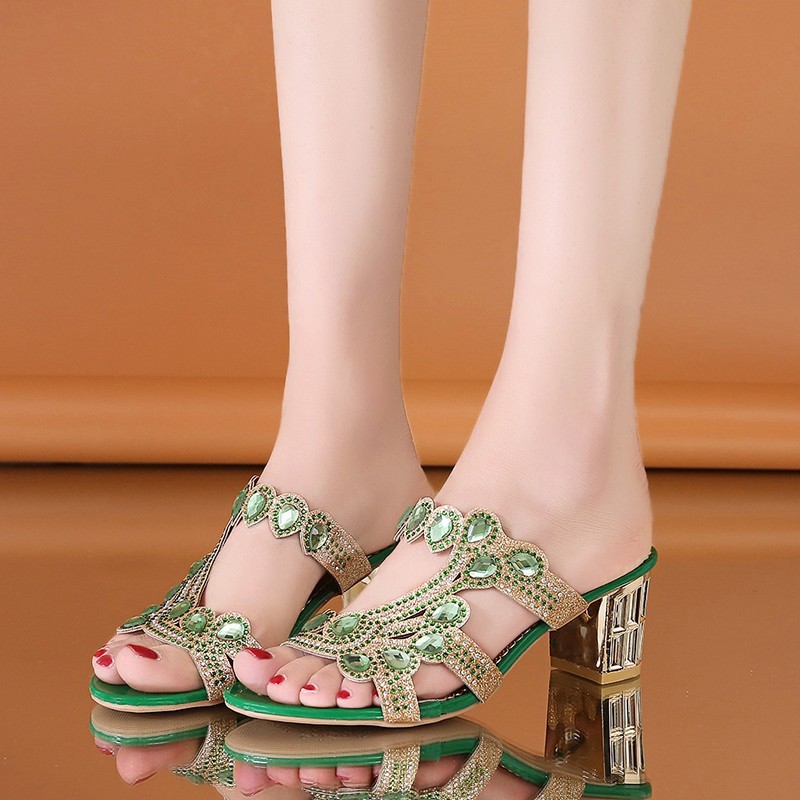 Women's Size 34 Rhinestone High Heeled Sandals,Summer New Style, Chunky Heel, Export Export One Strap Sandals_voghion.com