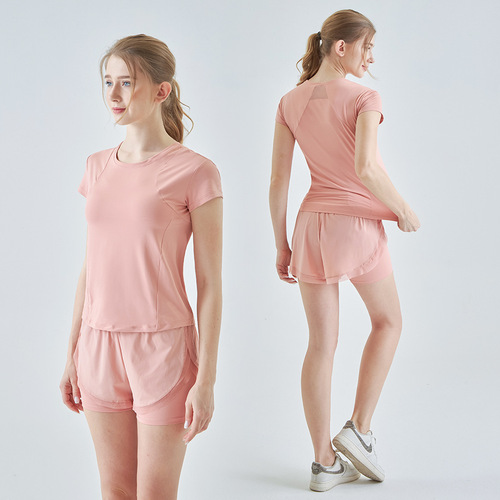 Summer new outdoor two-piece set for women, cool, quick-drying, loose T-shirt, anti-exposure shorts, yoga wear, fitness suit
