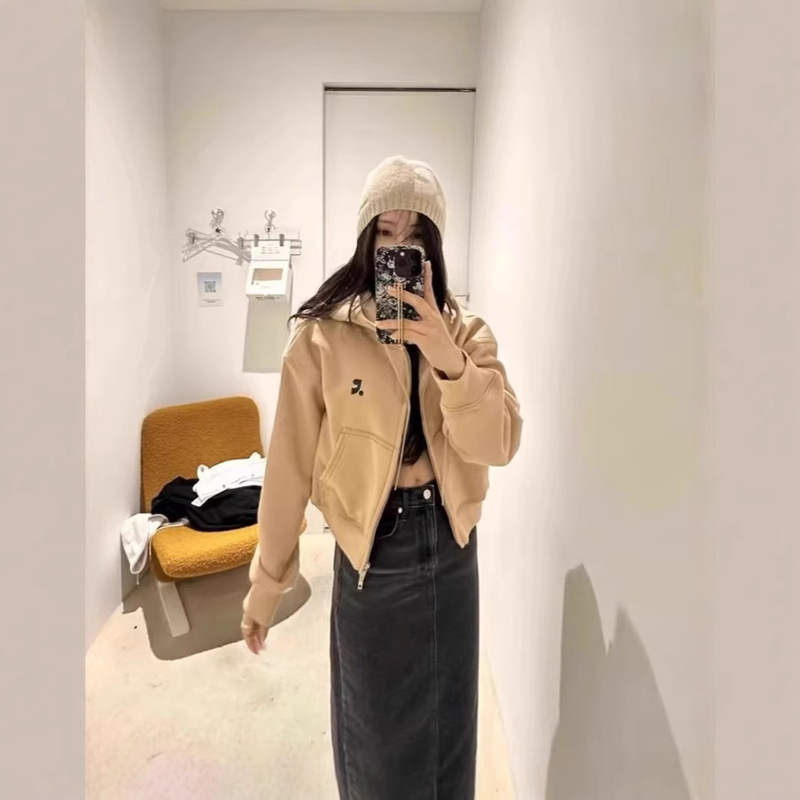 Korean-style Niche REST Designer Fall/Winter RR Letter Printing Embroidered Hooded Sweatshirt Zipper Loose Short Coat for Women