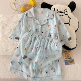 薄荷小狗睡衣女夏季云朵棉短袖短裤可爱ins风春秋天家居服套装