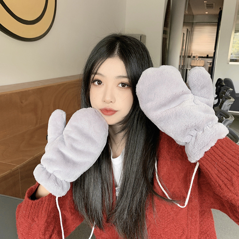 Guantes de felpa de dibujos animados de color sólido estilo INS para mujer, guantes gruesos de invierno para ciclismo para estudiantes, forrados con forro polar, cálidos y resistentes al frío, guantes de dedos completos, estilo INS.