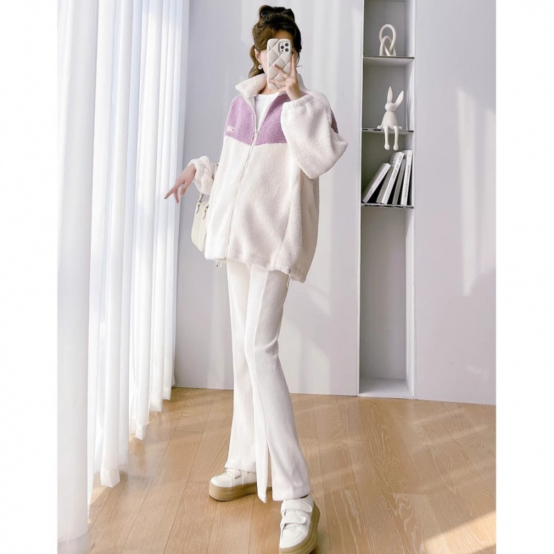 임산부 정장 가을 겨울 스웨터 플러스 벨벳 두꺼워진 스플라이싱 양모 캐주얼 재킷 핫맘 스타일 아우터 풀세트