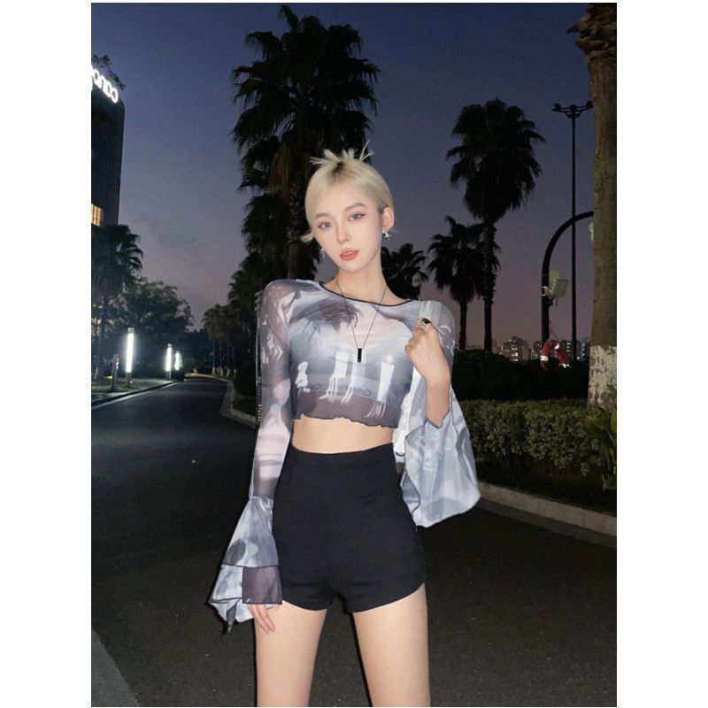 American-Style Spicy Girl Niche Unique Chic Printed Mesh Tie-Dye Ruffled Bell-Sleeve Top Slim Cropped T-Shirt