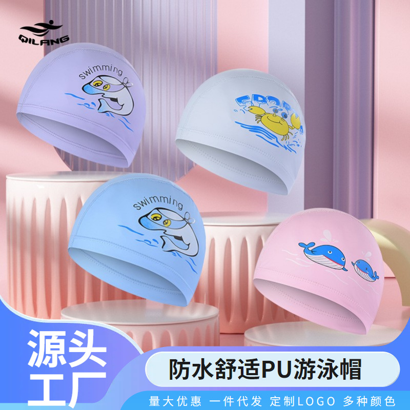 Gorro de natación para niños Revestimiento de PU de dibujos animados lindo niños y niñas impermeable protección para los oídos impresión logo gorra de natación ventas directas de la fábrica