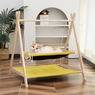 Cat Swing Hammock Cradle Bed Double-Layer Upper and Lower Rocking Chair Solid Wood Hammock Cat Nest Four-Season Universal Pet Swing