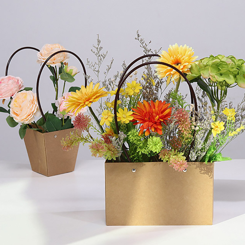 韩式梯形绿植手提袋情人节花盒牛皮纸袋鲜花绿植花艺插花礼品花袋