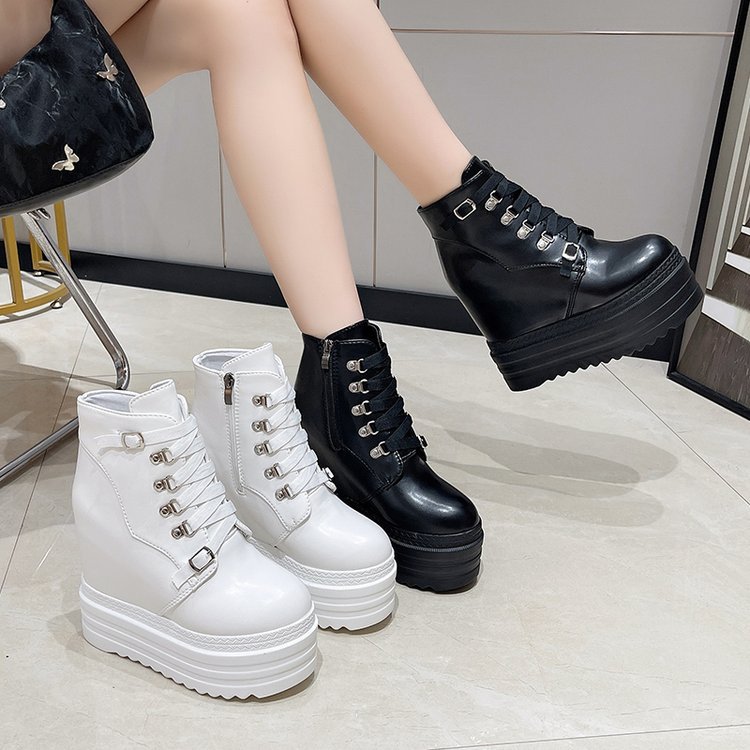 Foreign Trade Large Size British Style Boots for Women 2026 Autumn and Winter New Thick-Soled Heightening Zipper Boots Platform Motorcycle Slimming Look