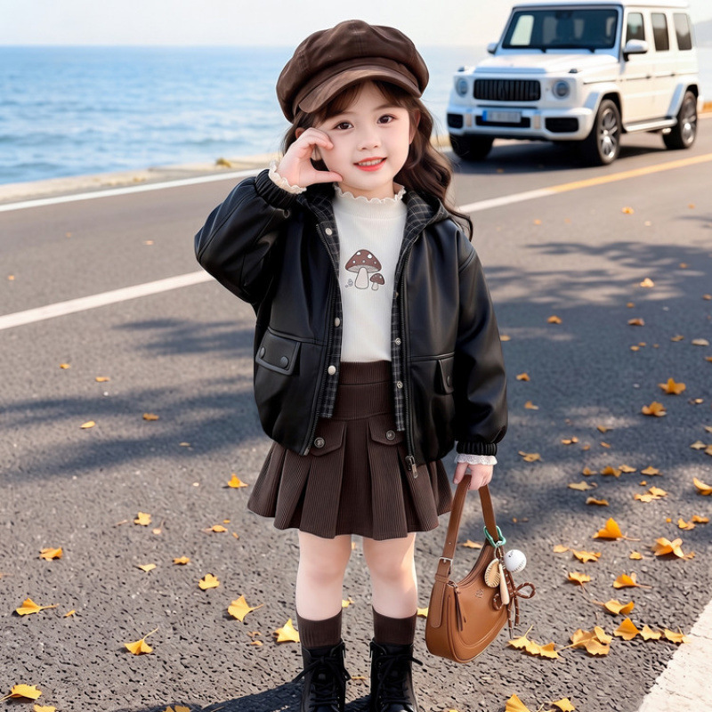 Girls' Leather Jacket Spring and Autumn 2026 New Fashionable Stylish Top Girls' Hooded Casual Windproof Jacket Trendy