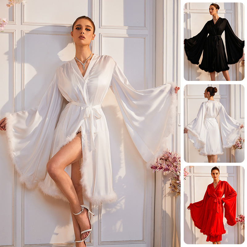 Foreign Trade Style Fur-Trimmed Ice Silk Nightgown for Women, Mid-Length, Large Bell Sleeves, Tie Belt, Sexy Home Dressing Gown, Bathrobe 1287 Foreign Trade Style Fur-Trimmed Ice Silk Nightgown for Women, Mid-Length, Large Bell Sleeves, Tie Belt, Sexy Home Dressing Gown, Bathrobe 1287