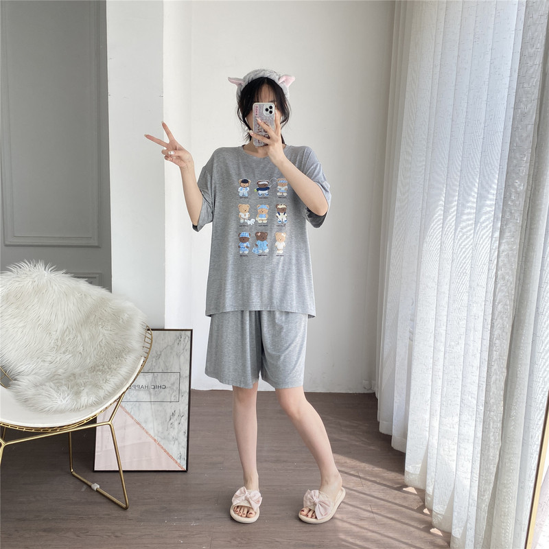 Women's short-sleeve pajamas for summer, thin and breathable modal fabric with bear print, plus-size loungewear for plus-size women 100kg set Women's short-sleeve pajamas for summer, thin and breathable modal fabric with bear print, plus-size loungewear for plus-size women 100kg set