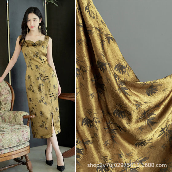 Heavy Weight 100% Acetate Fabric Bronze Gold Bamboo Leaf Silks and Satins Plant-dyed Draped Shirt Culottes Designer Fabric