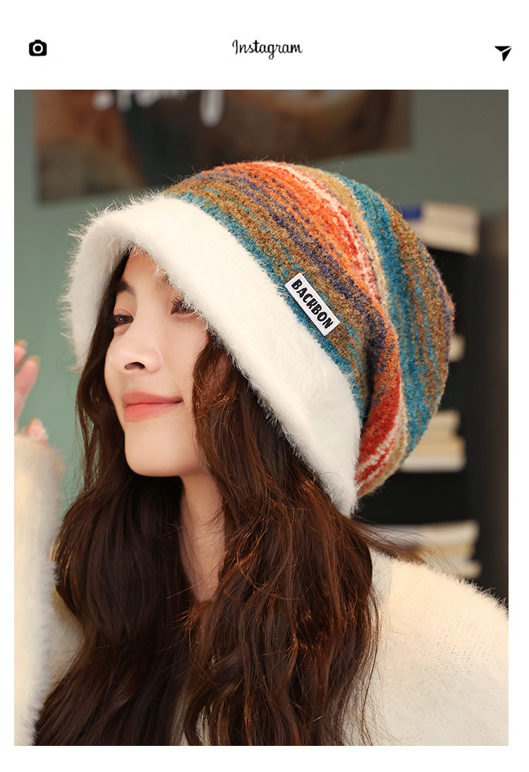 Cappello invernale da donna in maglia a blocchi di colore, stile coreano, stile retrò, con protezione per le orecchie, versatile e caldo, a righe_voghion.com